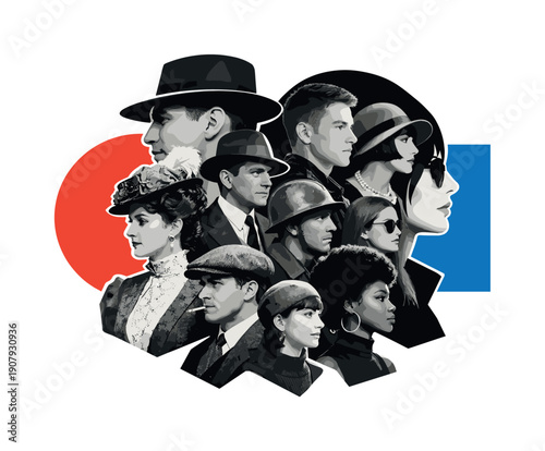 Multiple black-and-white human portraits from different time periods assembled into overlapping silhouettes, vintage