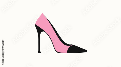 A high-heeled shoe in pink and black on a white background. Simple and graphic design