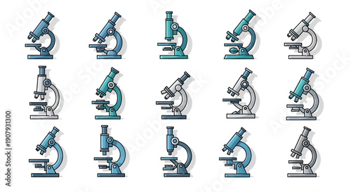 A collection of stylized illustrations of various microscopes showcasing scientific tools.