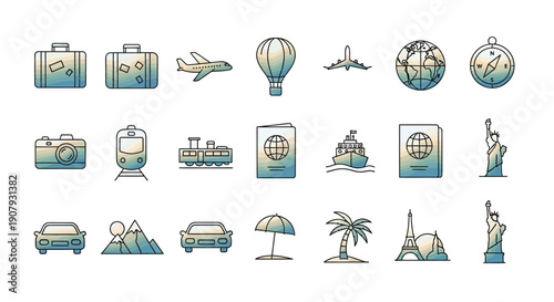 A Collection of Travel Icons Depicting Exploration, Journeys, and Worldly Adventures.