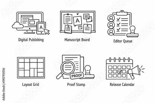 Digital publishing workflow icons: manuscript, editor, layout, proof, release