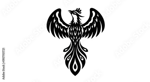 Elegant black phoenix silhouette on white background graphic design