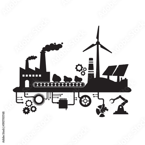 Modern industrial factory ecosystem with wind turbine, solar panels, and automated production line. Eco-friendly manufacturing concept vector silhouette.