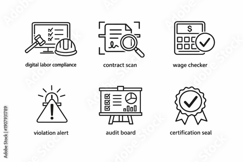 Digital labor compliance icons: tools for contract scanning and wage verification