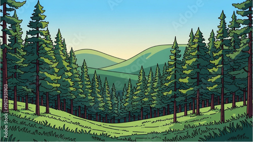 Serene landscape of evergreen trees and rolling hills viewed from a high vantage point with lush vegetation and distant mountains