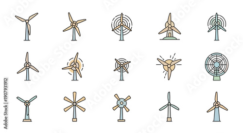 Assorted vector illustrations of wind turbines showcasing renewable energy and ecological concepts