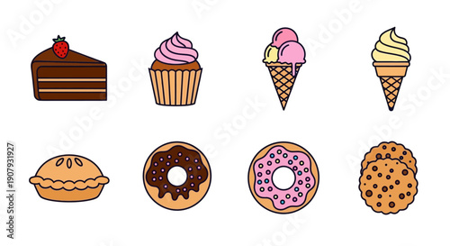 Assortment of Sweet Treats and Desserts Illustrated with Bold Outlines and Bright Colors