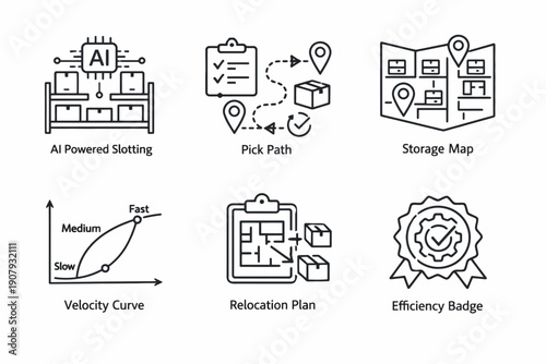 Ai-driven warehouse optimization icons: slotting, path, storage, velocity, relocation, efficiency