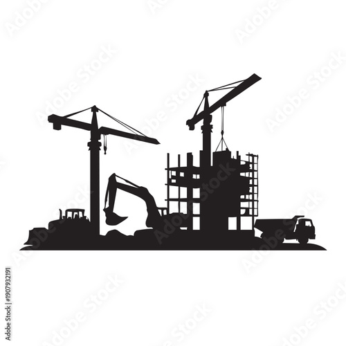 Construction site silhouette with cranes, excavator and building under construction. Vector industrial background.