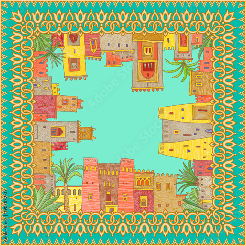Vector scarf pattern of fairy tale oriental town and golden frame on a turquoise background