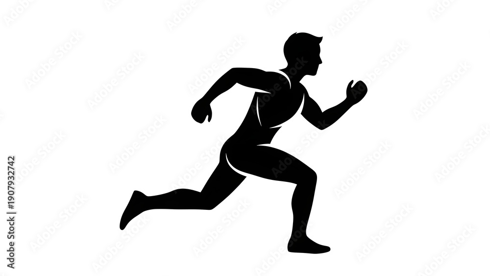Fototapeta premium Silhouette of a male athlete running dynamically with determined expression on a plain white background as seen from the side