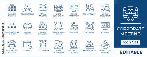 Corporate Business Meeting Teamwork Conference Communication Vector Icon Set