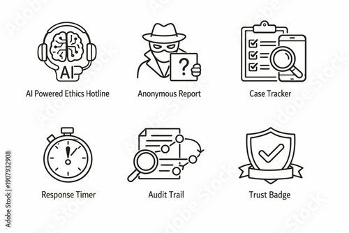 Ai ethics hotline and digital security icons with case tracker and trust badge