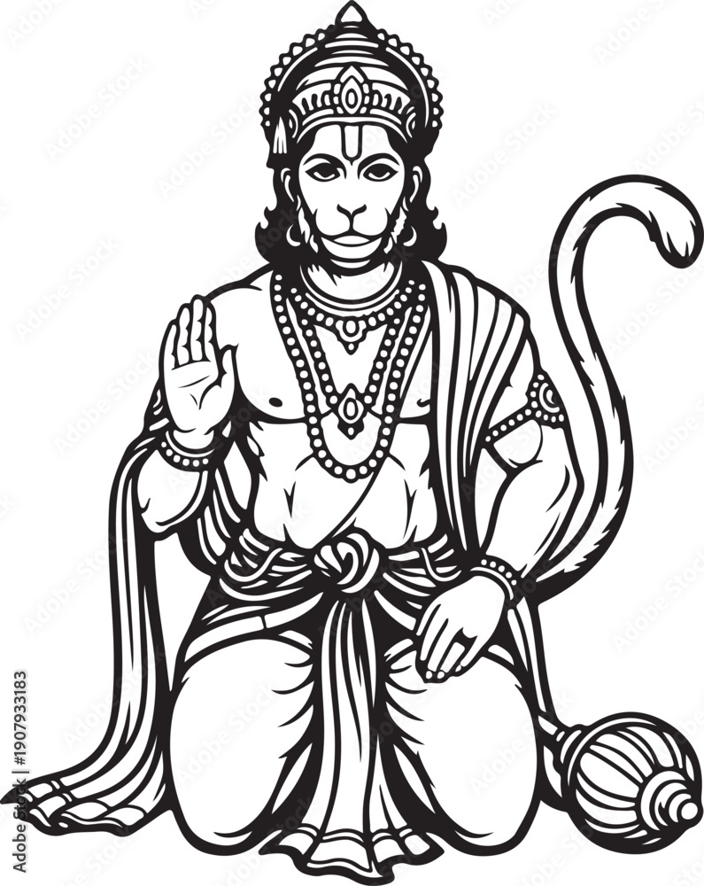 Fototapeta premium Lord Hanuman Line Art Vector Illustration Representing Hindu Culture Strength and Devotion