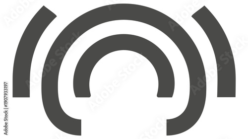 Stylized, symmetrical graphic with multiple concentric arcs in a darker shade of grey against white