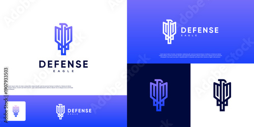 Defense Force logo, with an eagle concept in line art style, calmness and alertness, graphic template illustration.