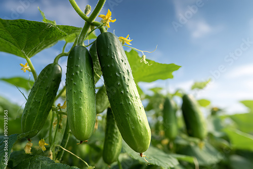 Fresh organic cucumbers growing on vine under blue sky