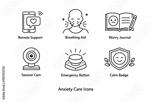 Anxiety care icons: tools for mental health support and stress management
