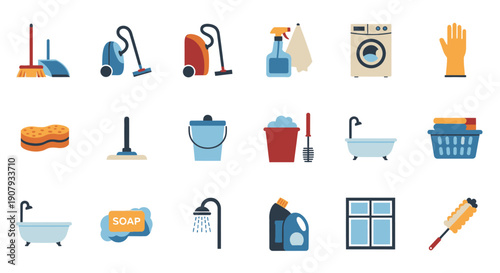 Collection of cleaning supplies and equipment for household chores.