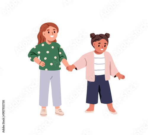 Girls holding hands. Cute smiling children standing together. Happy preschool friends. Kindergarten kids preschoolers, little sisters. Flat vector illustration isolated on white background
