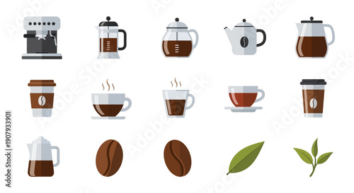 Collection of coffee and tea elements including beans, cups, and pots.
