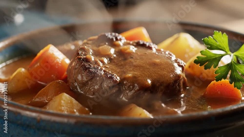 Steaming Hot Pot Roast with Carrots and Potatoes in Rich Gravy