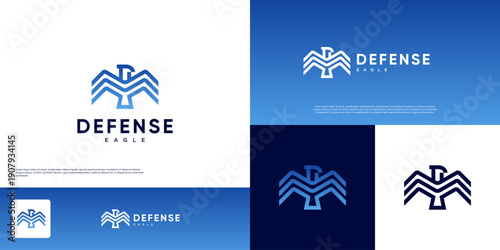 Modern protection logo with an abstract eagle wing concept, line art style, digital attack, network protection, vector design template.