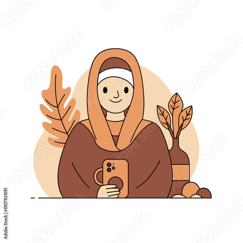 Flat design illustration of a cheerful woman wearing a hijab, interacting with her smartphone in a tranquil setting with botanical accents, symbolizing modern connectivity and modest style