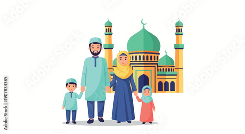 Illustration of a Muslim family standing in front of a mosque with green domes and minarets on a white background.