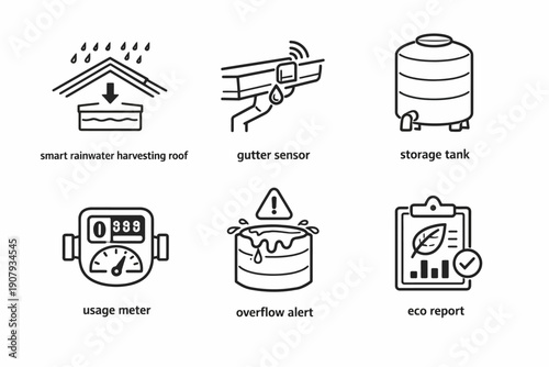 Smart rainwater harvesting: roof, gutter sensor, storage tank, usage meter, overflow alert, eco report