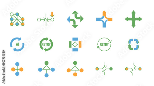 Collection of colorful network and connection icons representing various digital concepts.