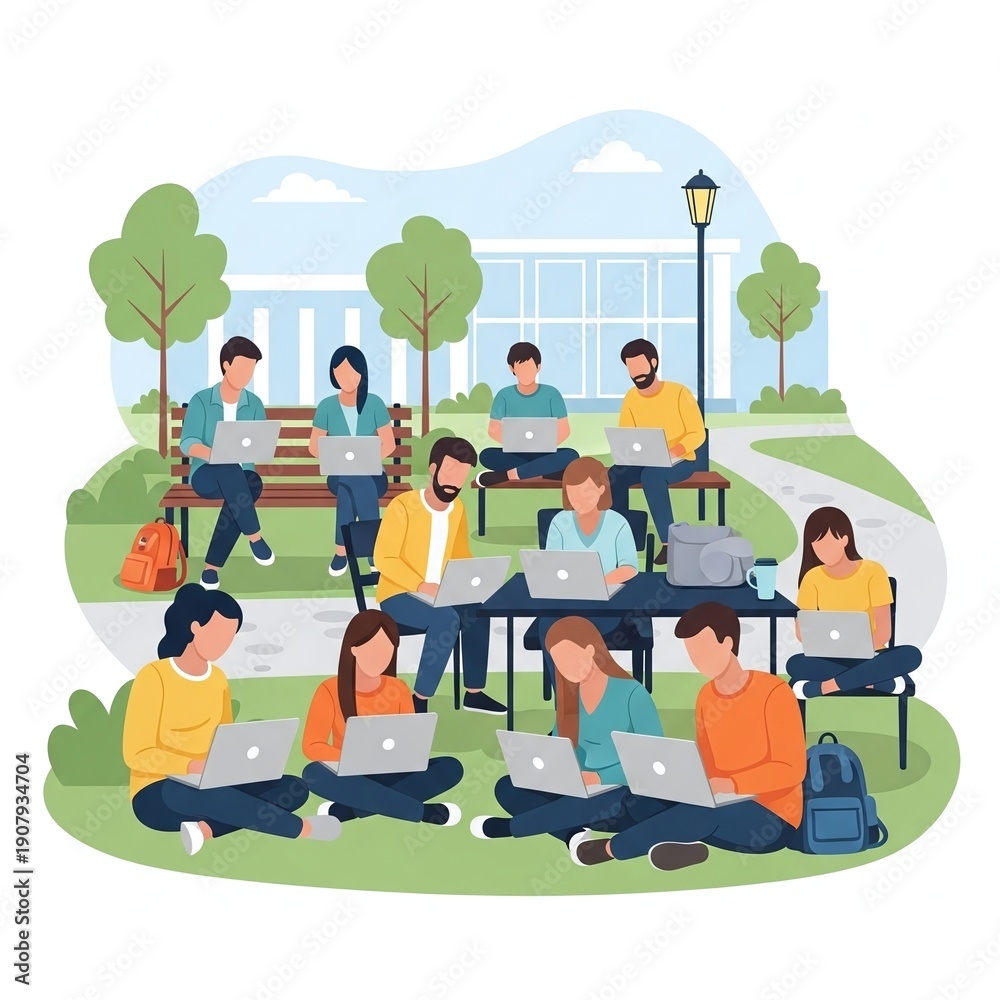 © extrude - Students Working on Laptops in Park.