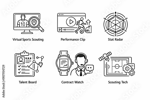 Illustrative icons of virtual sports scouting and technology in performance analysis