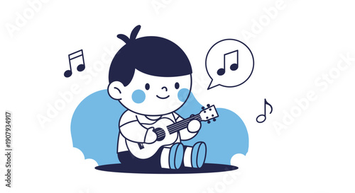 Charming illustration of a happy young boy enthusiastically playing a small ukulele, surrounded by cheerful musical notes, embodying the joy of learning music and childhood hobbies