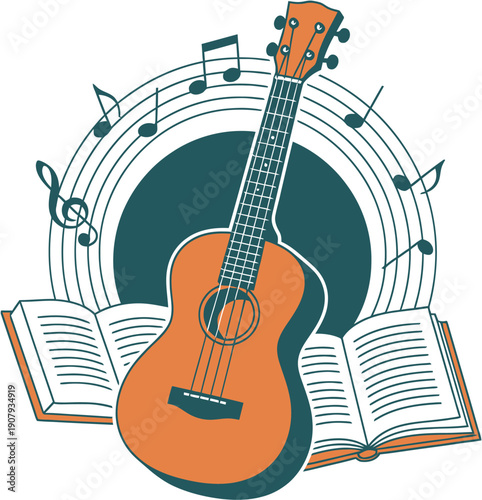 Vibrant illustration of a classic ukulele set against a backdrop of flowing musical notes and open songbooks, symbolizing the journey of learning and the joy of playing melodic tunes