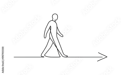 Direction Marker. Minimalistic one-line drawing human figure aligned with a single arrow-like path indicating forward