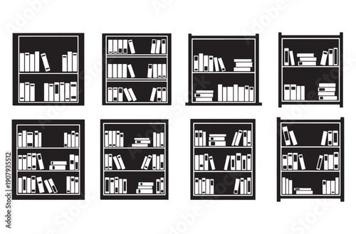 Set of Bookshelf Icons with Books on White Background, Minimalist Reading and Library Illustration