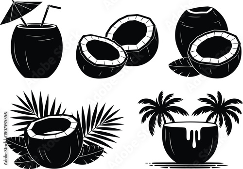 Coconut silhouette icon set. Tropical summer fruit with palm leaves and cocktails, vector illustration