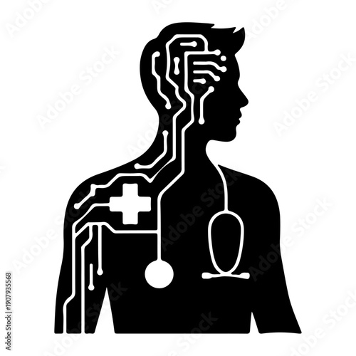 A black silhouette of a human head and shoulders integrated with electronic circuitry