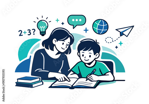 Helping children with homework. A parent sits beside a child at a desk, pointing gently at a notebook while ideas float