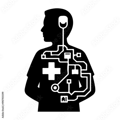 A silhouette of a human head and shoulders displaying internal circuitry and a medical cross