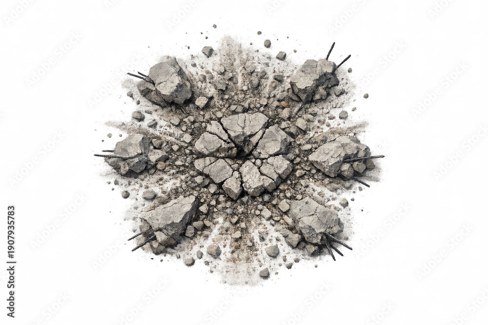 Fototapeta premium Crumbling concrete rubble with rebar on misty gray background
