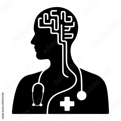 A stylized silhouette of a head with brain circuitry and a medical cross symbol