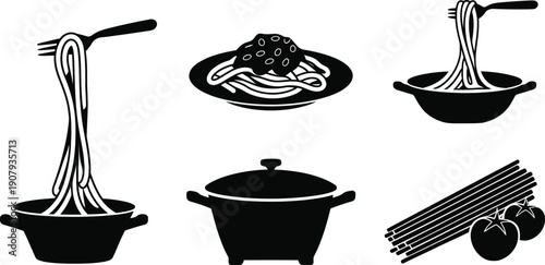 Spaghetti Pasta and Italian Cuisine Silhouette Icon Set vector illustration