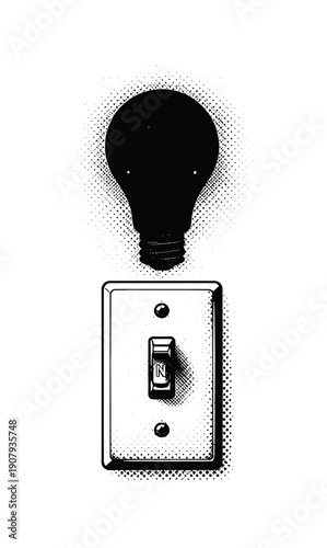 A simple light switch flipped on but illuminating only a darkened bulb silhouette, shown as a high-contrast black and