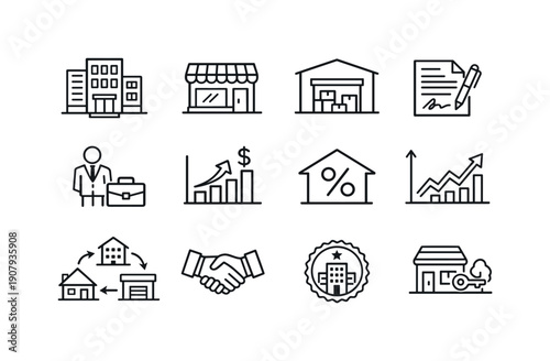 Commercial Property Investment. Line outline icon set of Commercial Property Investment: office building, retail