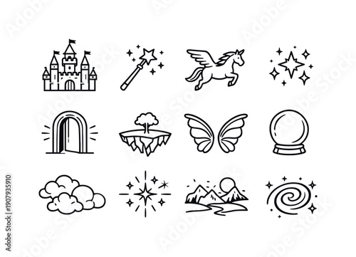 Fantasy Advertising. Line outline icon set of Fantasy Advertising: enchanted castle, magic wand, flying unicorn, glowing