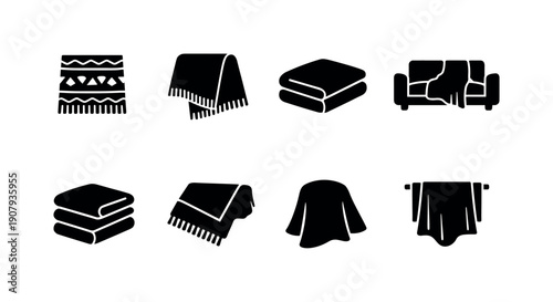 Decorative blankets. Filled icon set of Decorative blankets: patterned throw, fringe blanket edge, folded decor blanket,