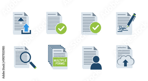 Collection of Document Icons Representing Various File Operations and Management Tasks.