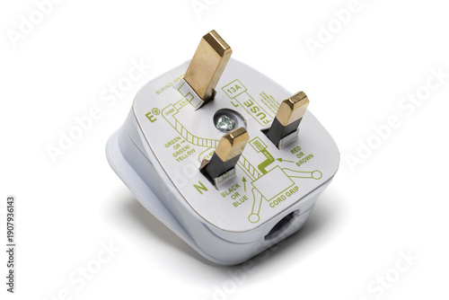 13 ampere 3 pin UK style electrical plug top, with wiring diagram as guide for installation. isolated on white background. 
